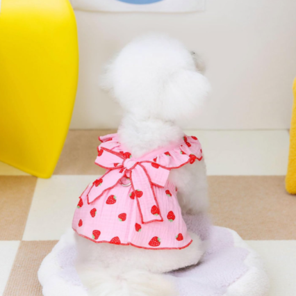 Dog Dresses for Small Dogs Cute Cotton Summer Clothes Bow Decor Printed Strawberry Outfit