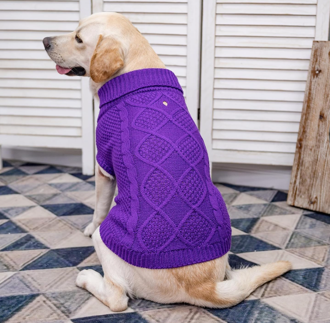 Turtleneck Dog Sweater Winter Coat Classic Cable Knit Clothes with Leash Hole
