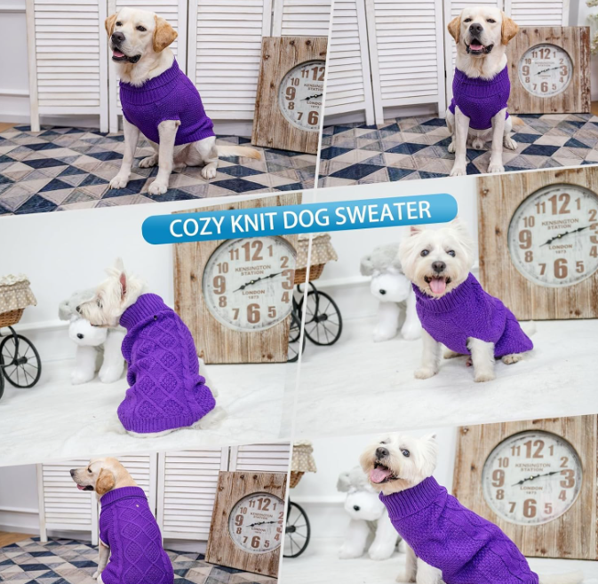 Turtleneck Dog Sweater Winter Coat Classic Cable Knit Clothes with Leash Hole - Image 2