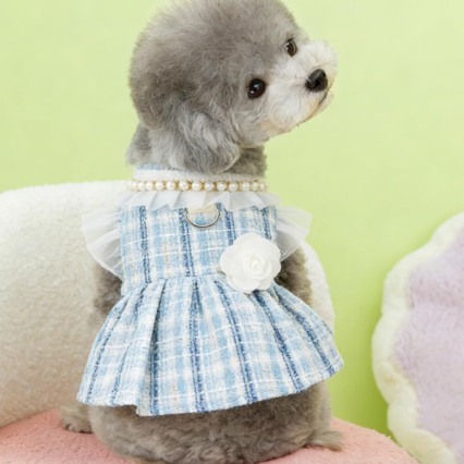 Dog Dress for Puppies Plaid Tweed Princess Pet Dress with Pearl Collar Removable Bow Tie Flower Bow