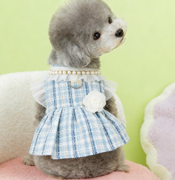Dog Dress for Puppies Plaid Tweed Princess Pet Dress with Pearl Collar Removable Bow Tie Flower Bow