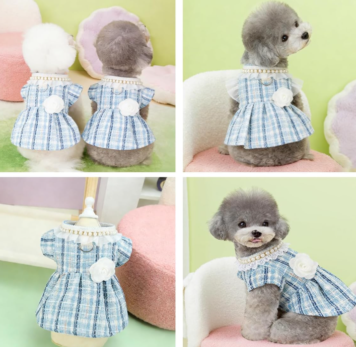Dog Dress for Puppies Plaid Tweed Princess Pet Dress with Pearl Collar Removable Bow Tie Flower Bow - Image 2