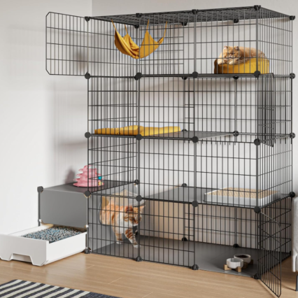 Cat Cage with Litter Box 4-Tier DIY Enclosure Large Playpen Detachable Metal Wire Kennel Indoor Crate Large Exercise Space for 1-2 Cats