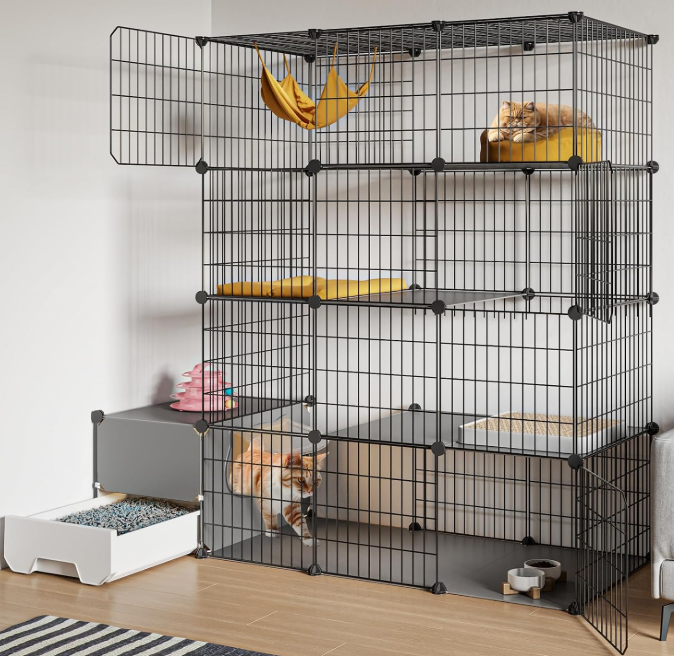 Cat Cage with Litter Box 4-Tier DIY Enclosure Large Playpen Detachable Metal Wire Kennel Indoor Crate Large Exercise Space for 1-2 Cats