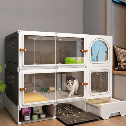 Cat Cage Enclosure with Litter Box Clear Sliding Door Expandable Cat Playpen Detachable Metal Cage Indoor and Outdoor Cat Cage Ferret Cage