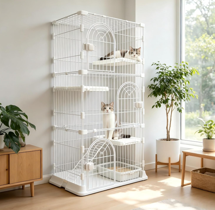 Indoor Cat Cage DIY Cat Playpen with Escape-Proof Spacing Sturdy Metal Cat Crate Kennel for Kittens Ferrets and Small Animals White 3-Tier