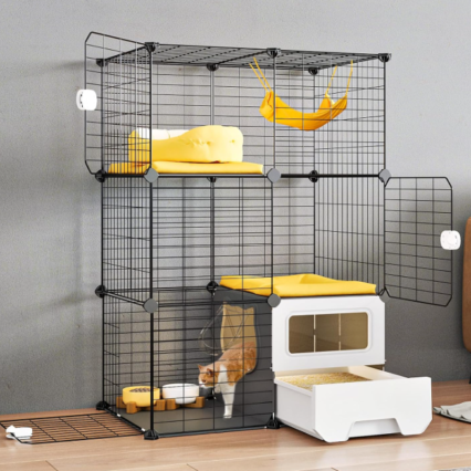 Indoor Cat Cage with Litter Box 3-Tier DIY Cat Playpen Detachable Metal Wire Kennel Crate Large Exercise Space for 1-2 Kittens