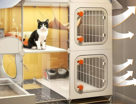 Indoor Cat Cage with Litter Box Cat Bed Bowl and Teaser Wand Large Cat House Playpen Outdoor Cat Enclosure Small Animal Dog Kennel - Image 2