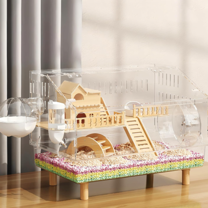 8-in-1 Acrylic Hamster Cage with Accessories 2-Layer Hamster House with Full Transparent Viewing Top-Open Mouse Cage Hamster Habitat for Dwarf Hamsters and Gerbils