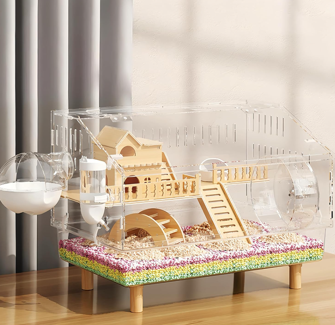 8-in-1 Acrylic Hamster Cage with Accessories 2-Layer Hamster House with Full Transparent Viewing Top-Open Mouse Cage Hamster Habitat for Dwarf Hamsters and Gerbils