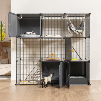 3-Tier Large Cat Enclosure Indoor Outdoor with Litter Box Detachable Multifunctional Playpen DIY Metal Wire Kennel Cage for Cats