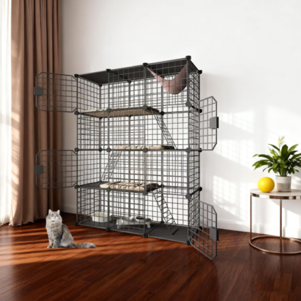 Large Cat Cage Enclosure Indoor DIY Cat Playpen Pet Home Small Animal House Detachable Metal Wire Kennel Crate Large Exercise Space for 1-4 Cats Black
