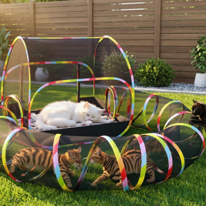 Outdoor Cat Enclosure 2-in-1 Extra Large Pop-Up Cat Rolling Tent with Tunnel Expandable Foldable Outdoor Cat Enclosure for Backyard and Camping Suitable for Small Animals 1-Minute Setup