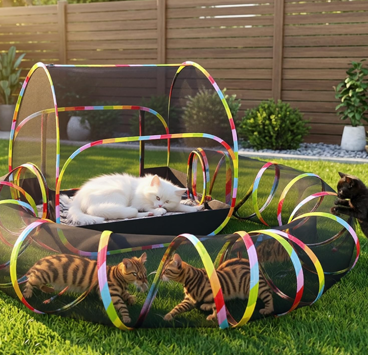 Outdoor Cat Enclosure 2-in-1 Extra Large Pop-Up Cat Rolling Tent with Tunnel Expandable Foldable Outdoor Cat Enclosure for Backyard and Camping Suitable for Small Animals 1-Minute Setup