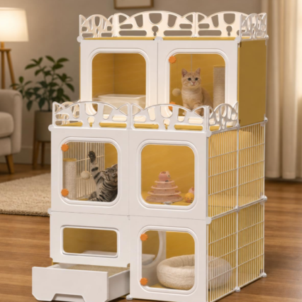 Cat Cage with Built-in Litter Box Interactive Platform Top Storage Shelf Indoor Outdoor Cat Cage Expandable Cat Playpen