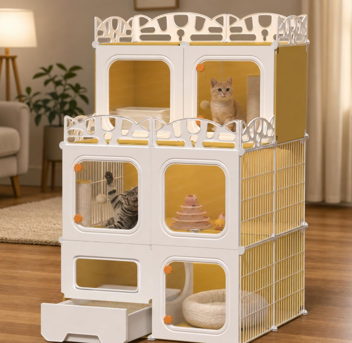 Cat Cage with Built-in Litter Box Interactive Platform Top Storage Shelf Indoor Outdoor Cat Cage Expandable Cat Playpen